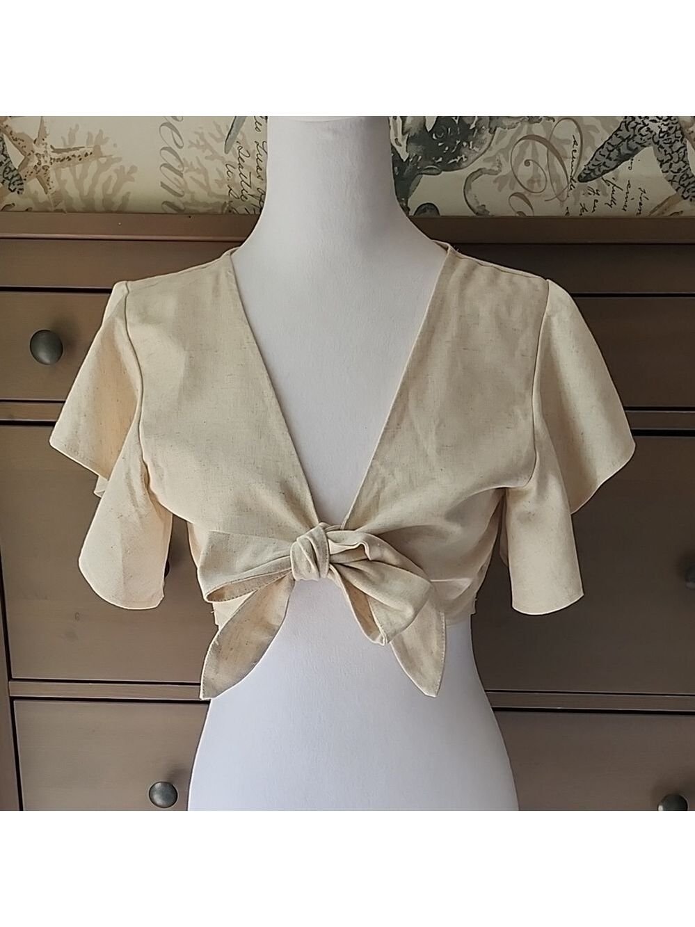 Linen Look Tie Front Cropped Top,  Beige, Size Large